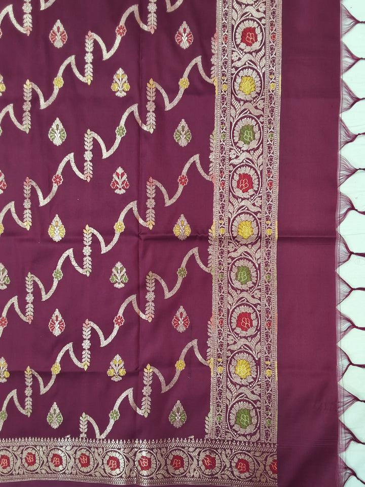 Grey Silk Suit with Wine Zari Woven Paisley Dupatta