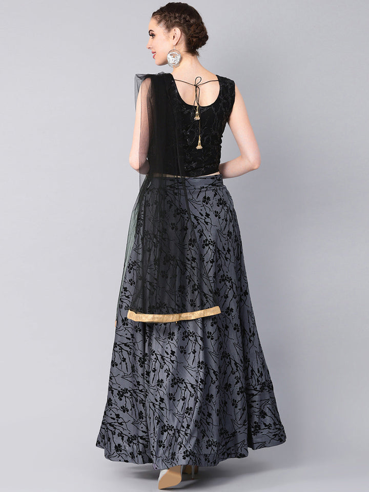 Sequinned Crop Top Lehenga Choli with Floral Flock Print