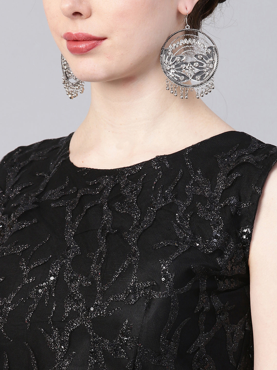 Sequinned Crop Top Lehenga Choli with Floral Flock Print