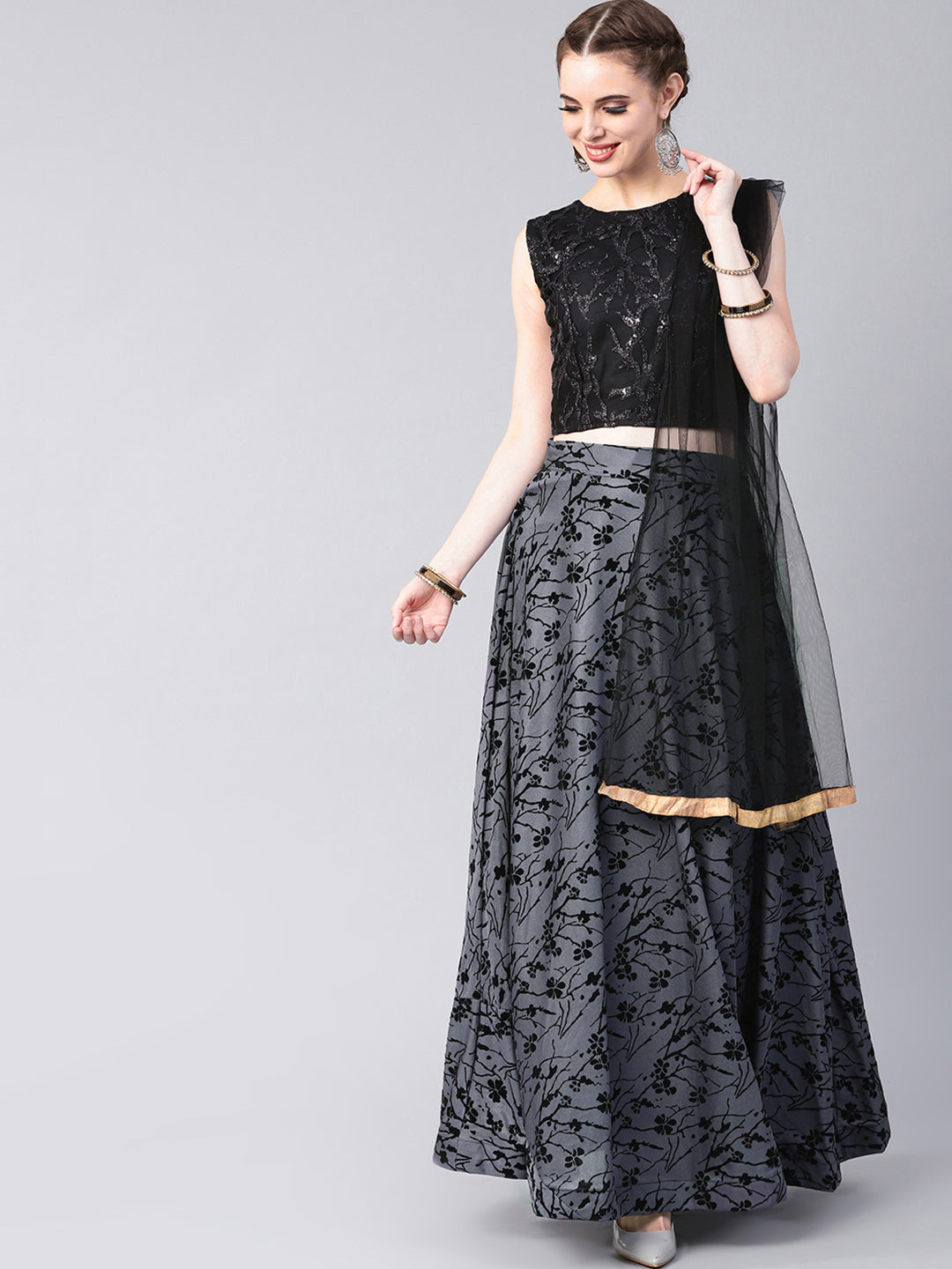 Sequinned Crop Top Lehenga Choli with Floral Flock Print