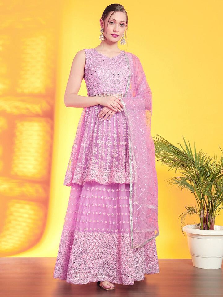 Mirror & Aari Embroidered Gharara Set with Peplum Scalloped Choli & Sequinned Dupatta