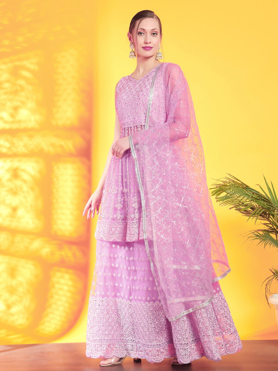 Mirror & Aari Embroidered Gharara Set with Peplum Scalloped Choli & Sequinned Dupatta