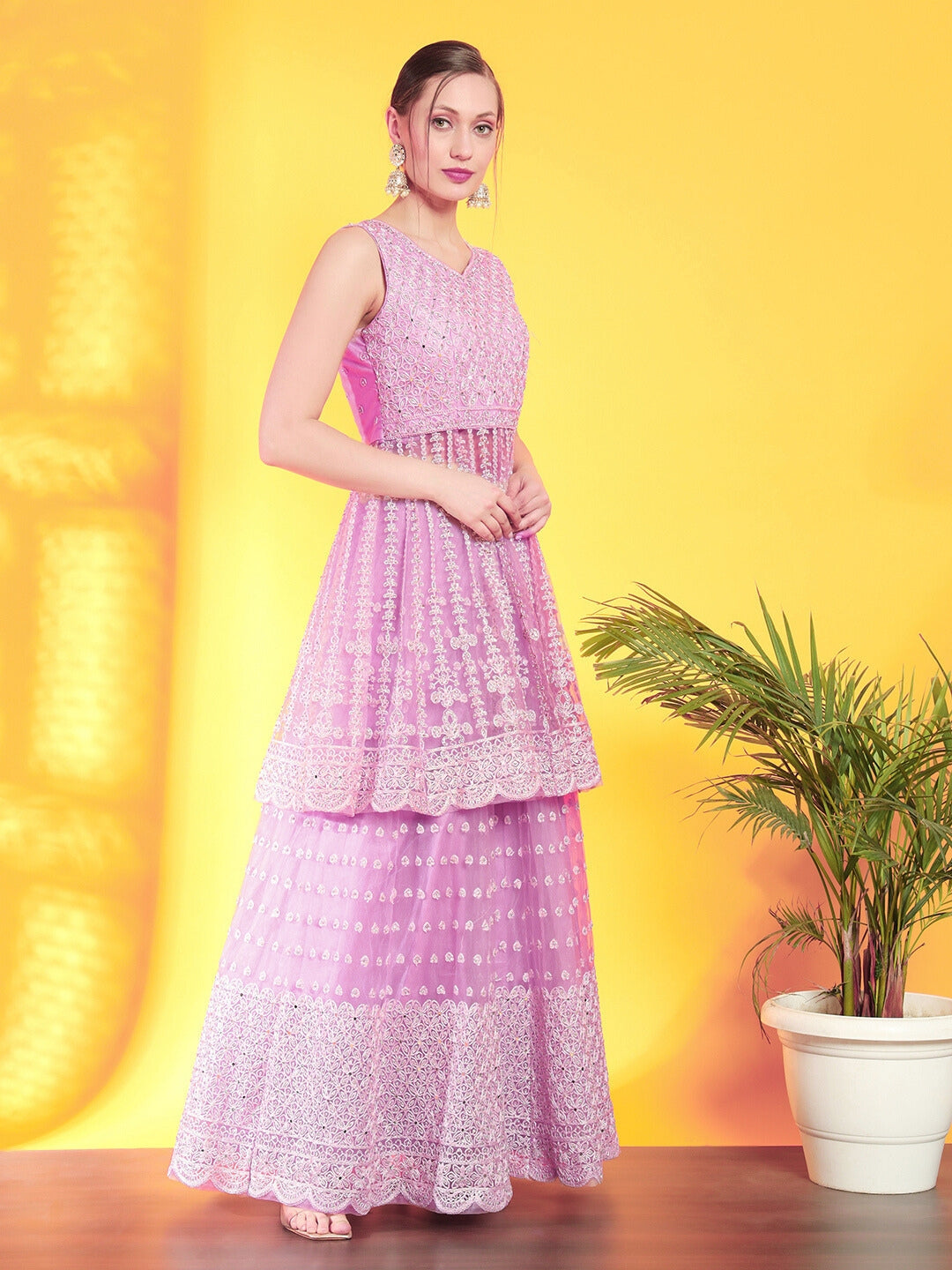 Mirror & Aari Embroidered Gharara Set with Peplum Scalloped Choli & Sequinned Dupatta