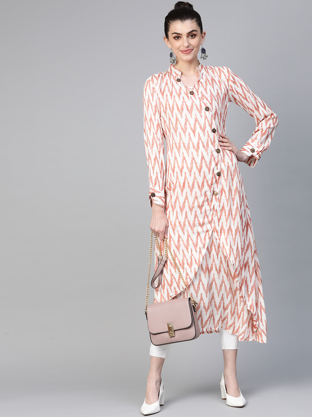 Made to Measure Ikat Inspired Print Long Dress with Wodden Buttons & High Slits