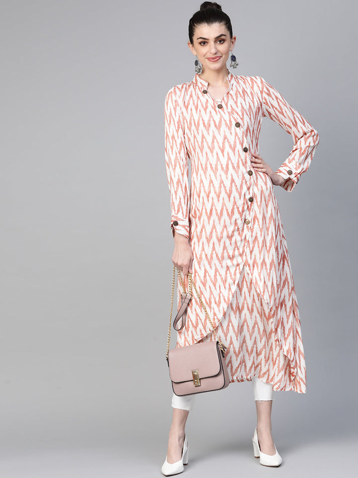 Made to Measure Ikat Inspired Print Long Dress with Wodden Buttons & High Slits