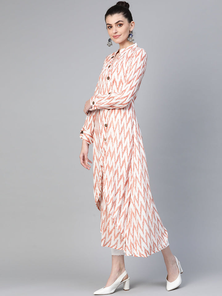 Made to Measure Ikat Inspired Print Long Dress with Wodden Buttons & High Slits