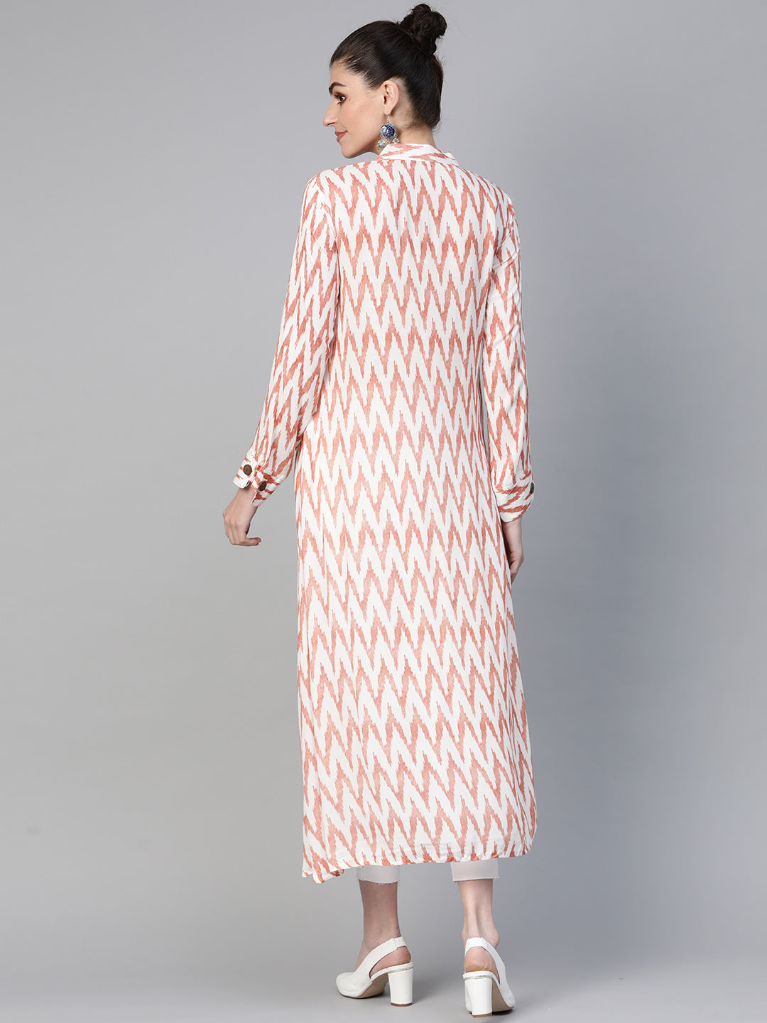 Made to Measure Ikat Inspired Print Long Dress with Wodden Buttons & High Slits