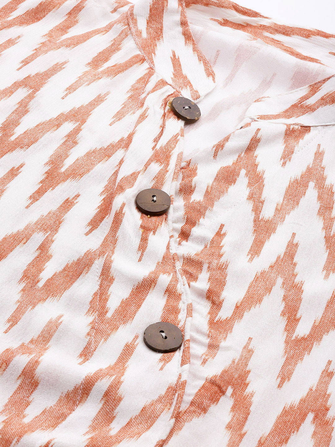 Made to Measure Ikat Inspired Print Long Dress with Wodden Buttons & High Slits
