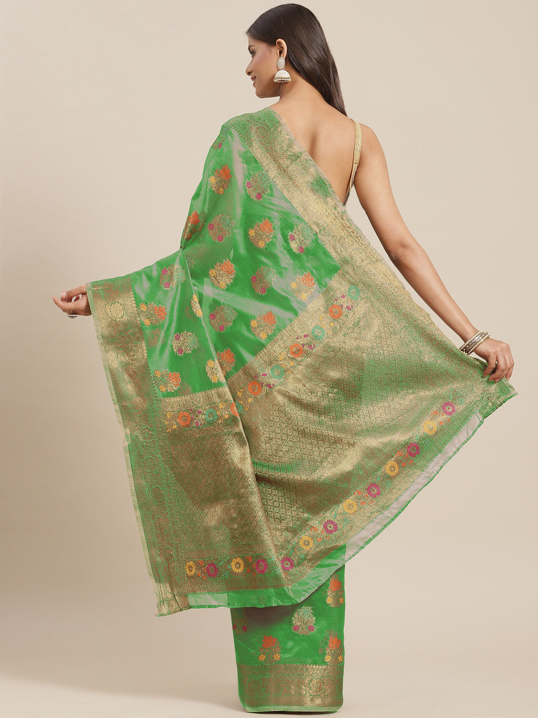 Green Chanderi Brocade Saree with Meenakari Floral Motifs