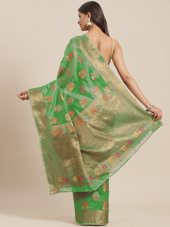 Green Chanderi Brocade Saree with Meenakari Floral Motifs