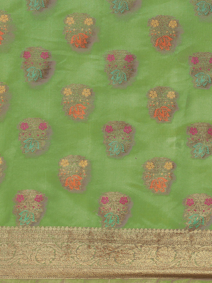 Green Chanderi Brocade Saree with Meenakari Floral Motifs