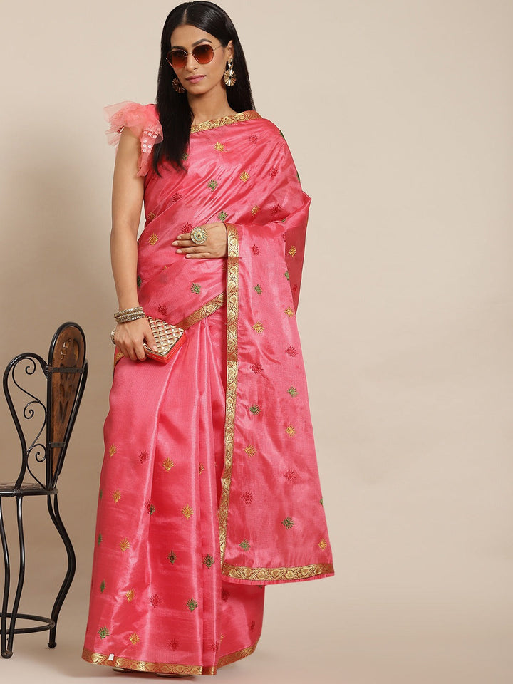 Pink Tussar Banarasi Silk  Saree with Embroidery & Brocade Border