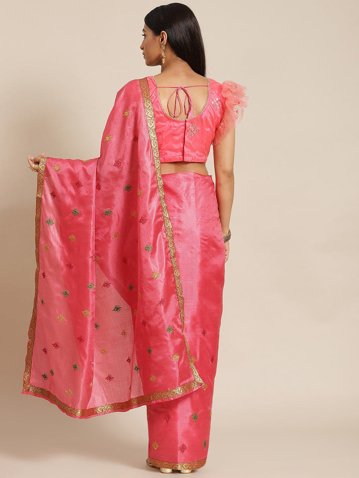 Pink Tussar Banarasi Silk  Saree with Embroidery & Brocade Border