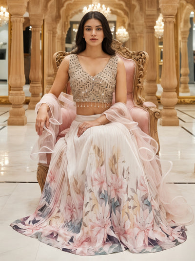 Chhabra 555 Young Floral Print Pleated Lehenga Set with Mirror Embroidered Tasseled Blouse & Ruffle Dupatta