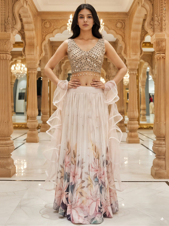 Young Floral Print Pleated Lehenga Set with Mirror Embroidered Tasseled Blouse & Ruffle Dupatta
