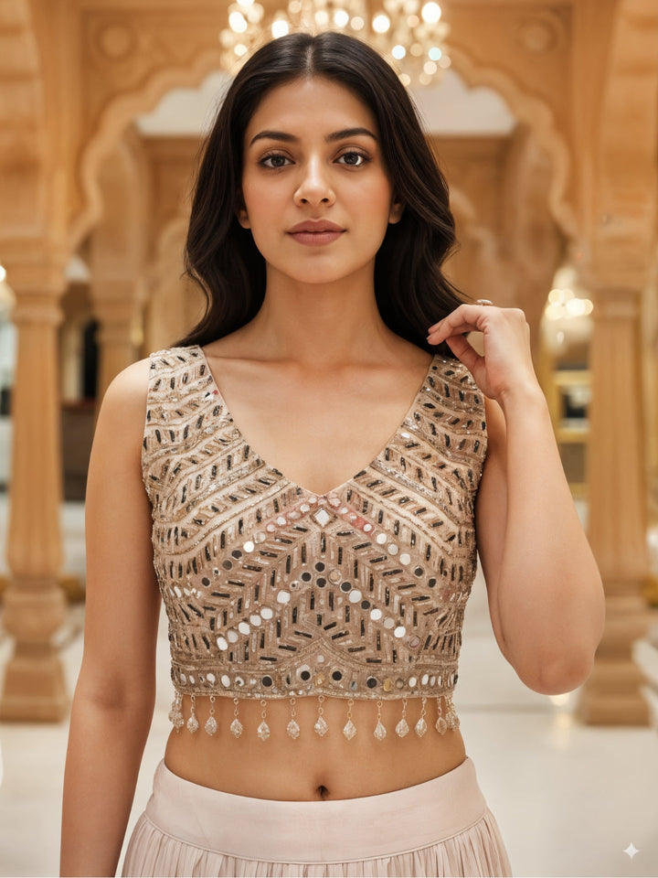 Young Floral Print Pleated Lehenga Set with Mirror Embroidered Tasseled Blouse & Ruffle Dupatta