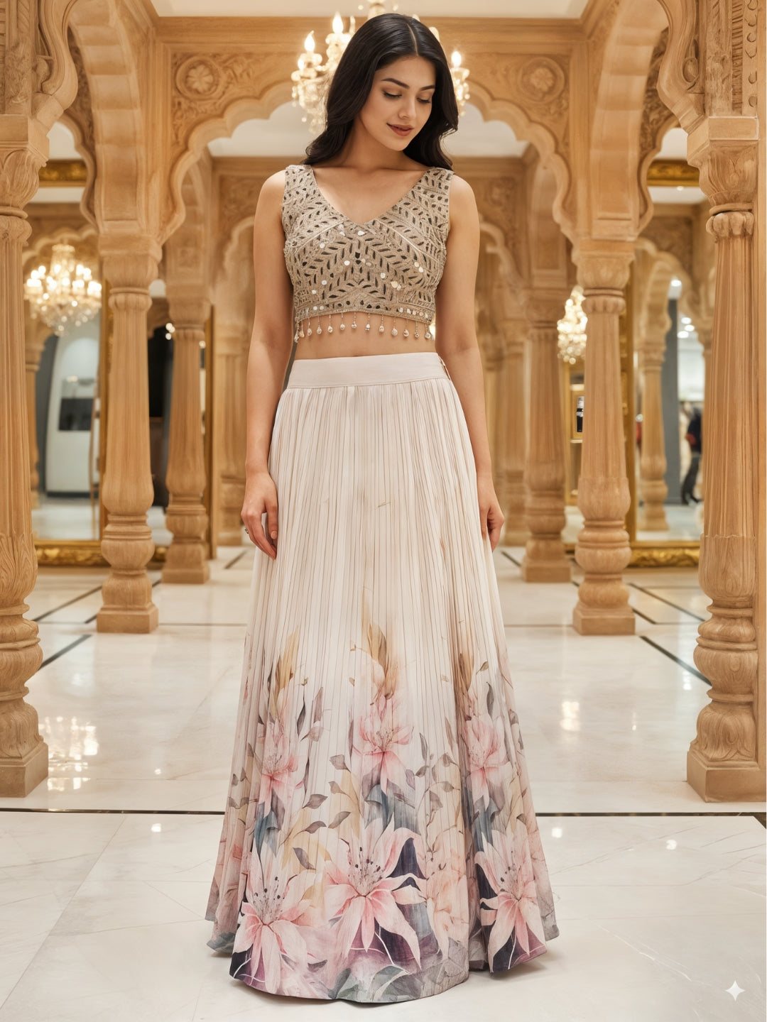 Young Floral Print Pleated Lehenga Set with Mirror Embroidered Tasseled Blouse & Ruffle Dupatta