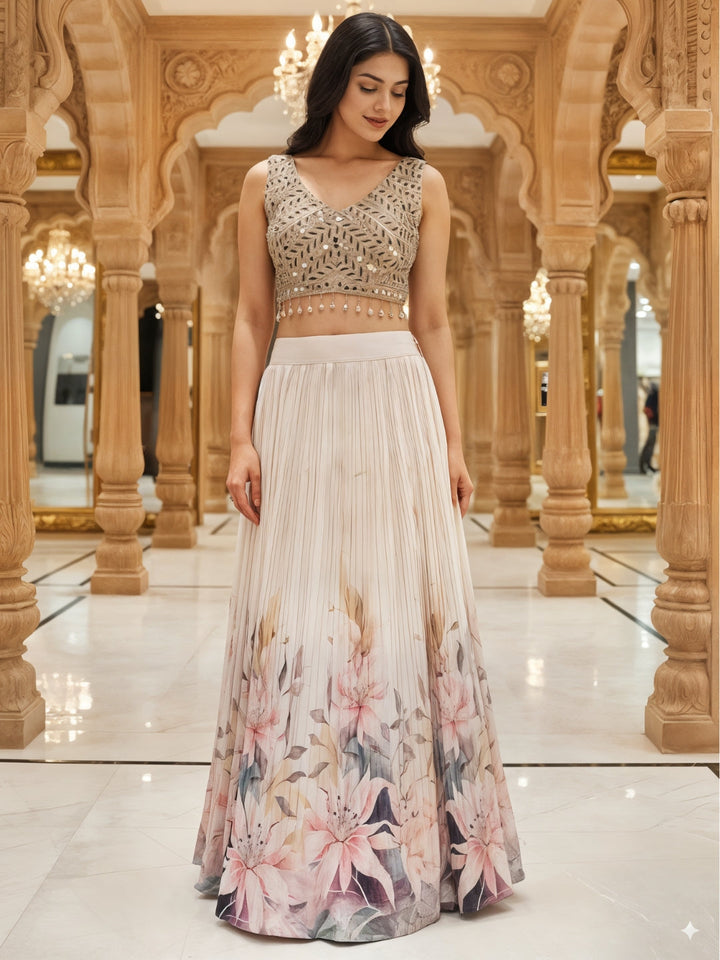 Young Floral Print Pleated Lehenga Set with Mirror Embroidered Tasseled Blouse & Ruffle Dupatta