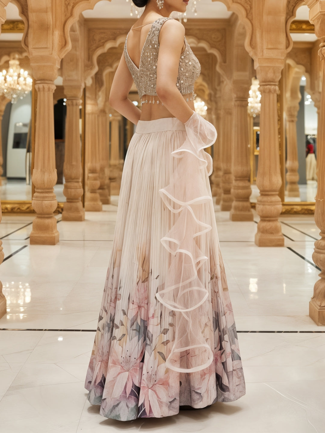 Young Floral Print Pleated Lehenga Set with Mirror Embroidered Tasseled Blouse & Ruffle Dupatta