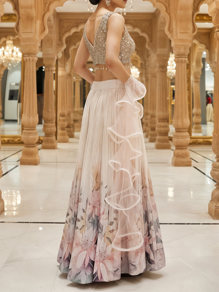 Young Floral Print Pleated Lehenga Set with Mirror Embroidered Tasseled Blouse & Ruffle Dupatta