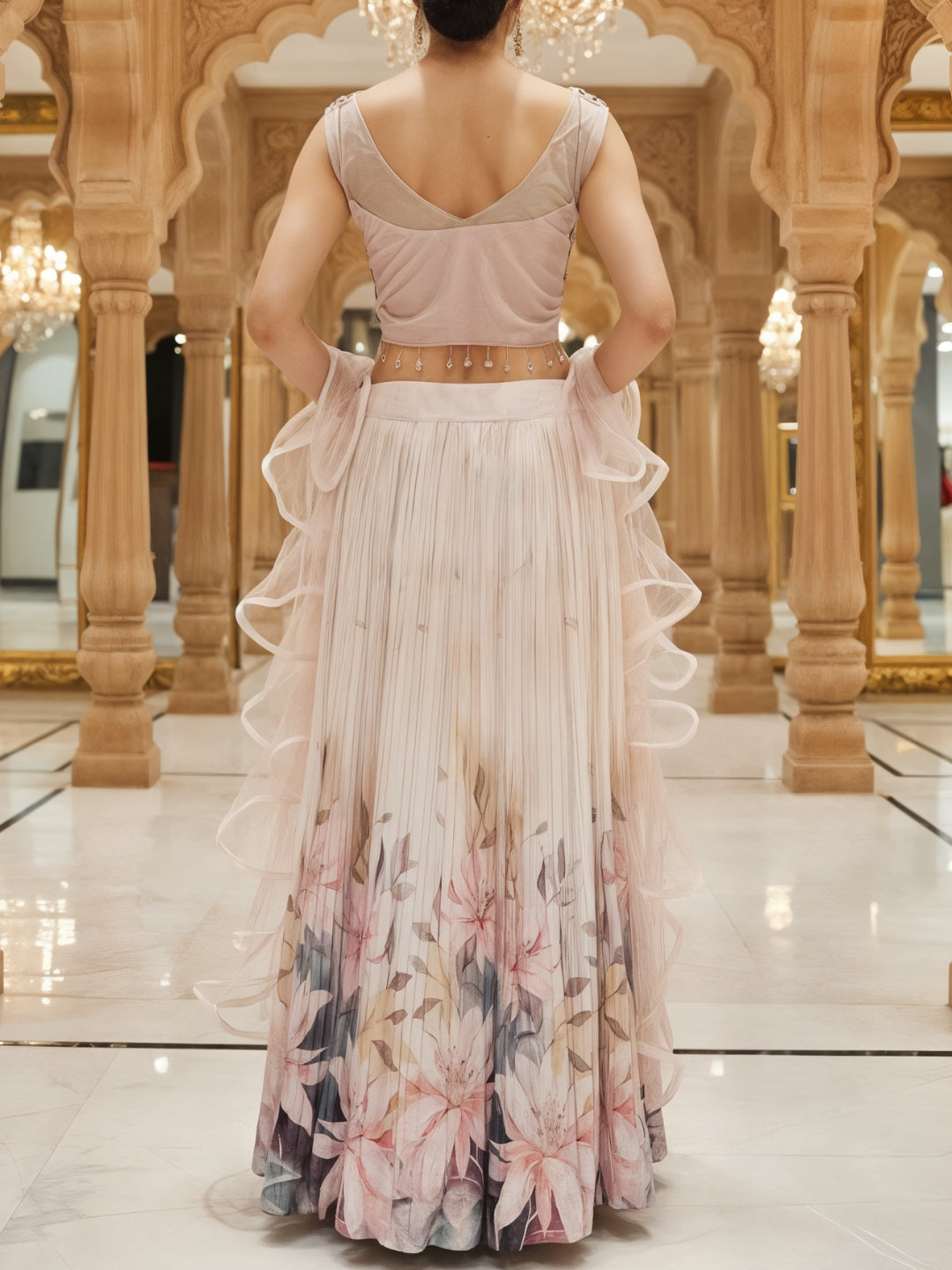 Young Floral Print Pleated Lehenga Set with Mirror Embroidered Tasseled Blouse & Ruffle Dupatta