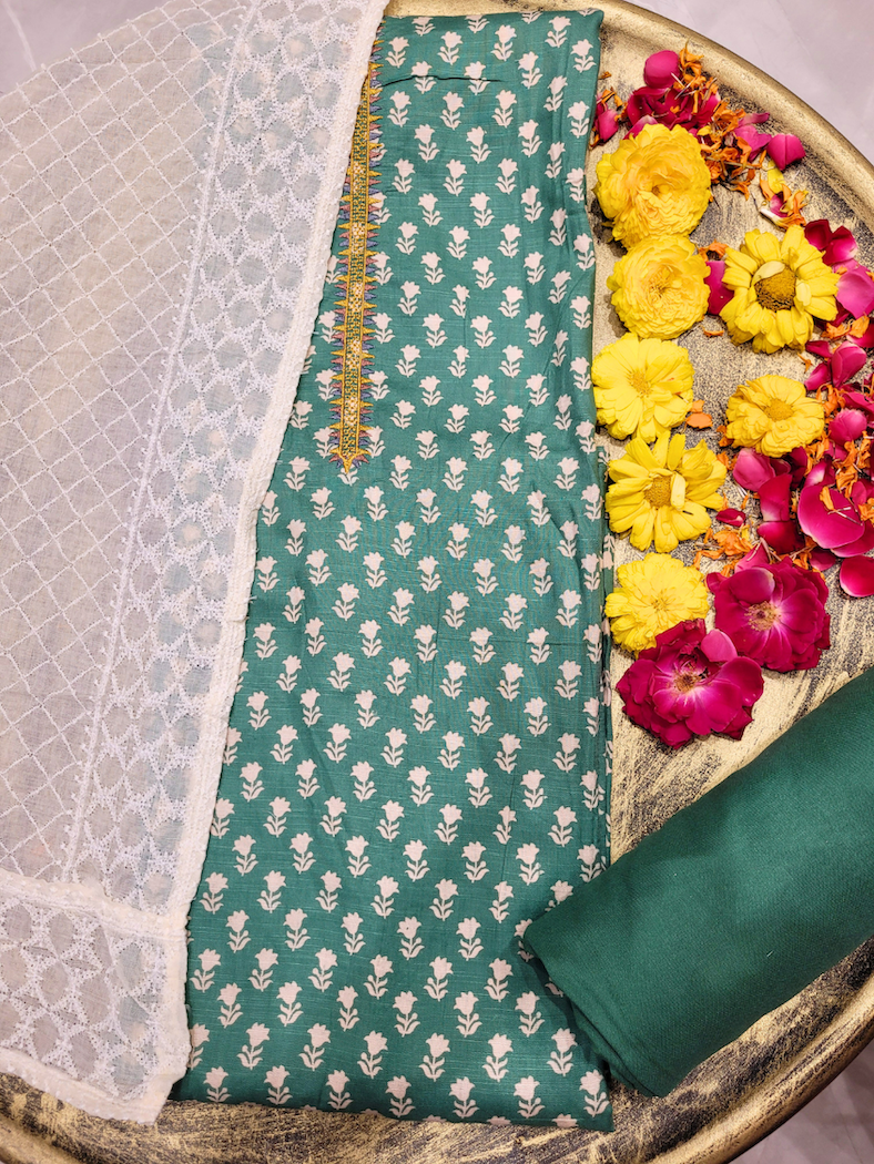 Chhabra 555 Floral Print Unstitched Cotton Suit with Chikankari Embroidery Dupatta & Multicolor Lace