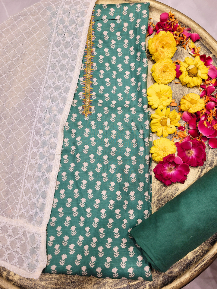 Chhabra 555 Floral Print Unstitched Cotton Suit with Chikankari Embroidery Dupatta & Multicolor Lace