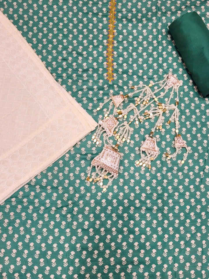 Floral Print Unstitched Cotton Suit with Chikankari Embroidery Dupatta & Multicolor Lace