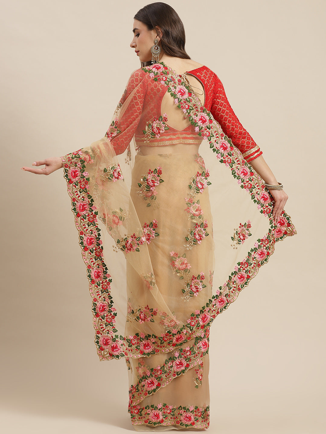 Net Floral & Resham Embroidered Saree With Scalloped Cutwork Border
