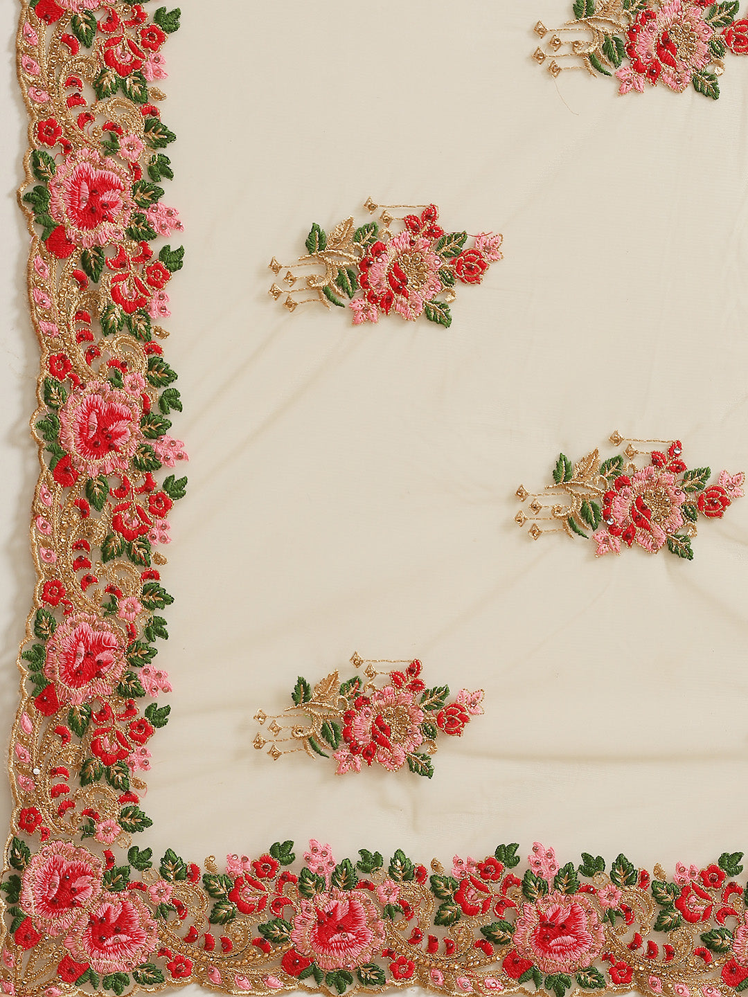Net Floral & Resham Embroidered Saree With Scalloped Cutwork Border