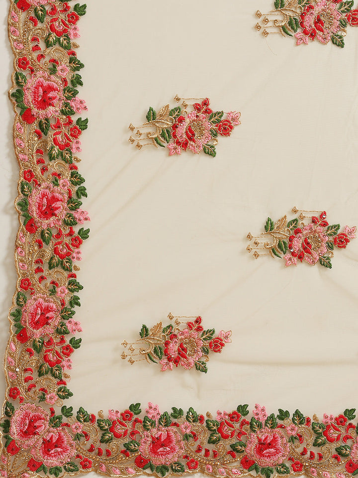 Net Floral & Resham Embroidered Saree With Scalloped Cutwork Border