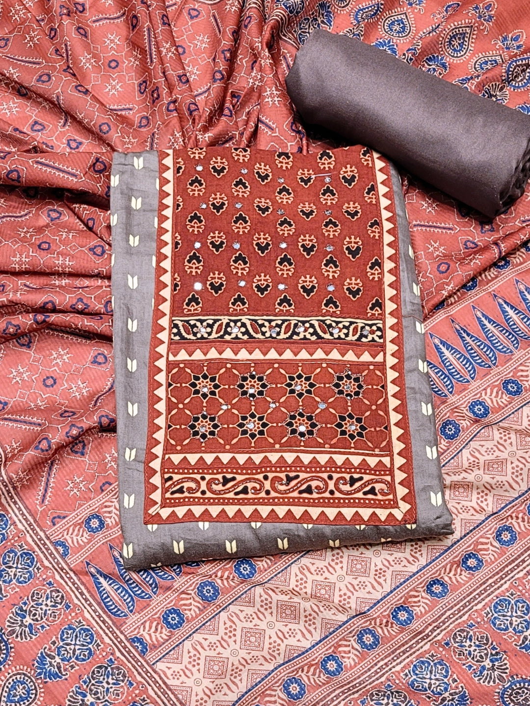 Ethnic Ajrak Block Print Cotton Suit Dupatta with Mirror Embelishments & Contrast colors