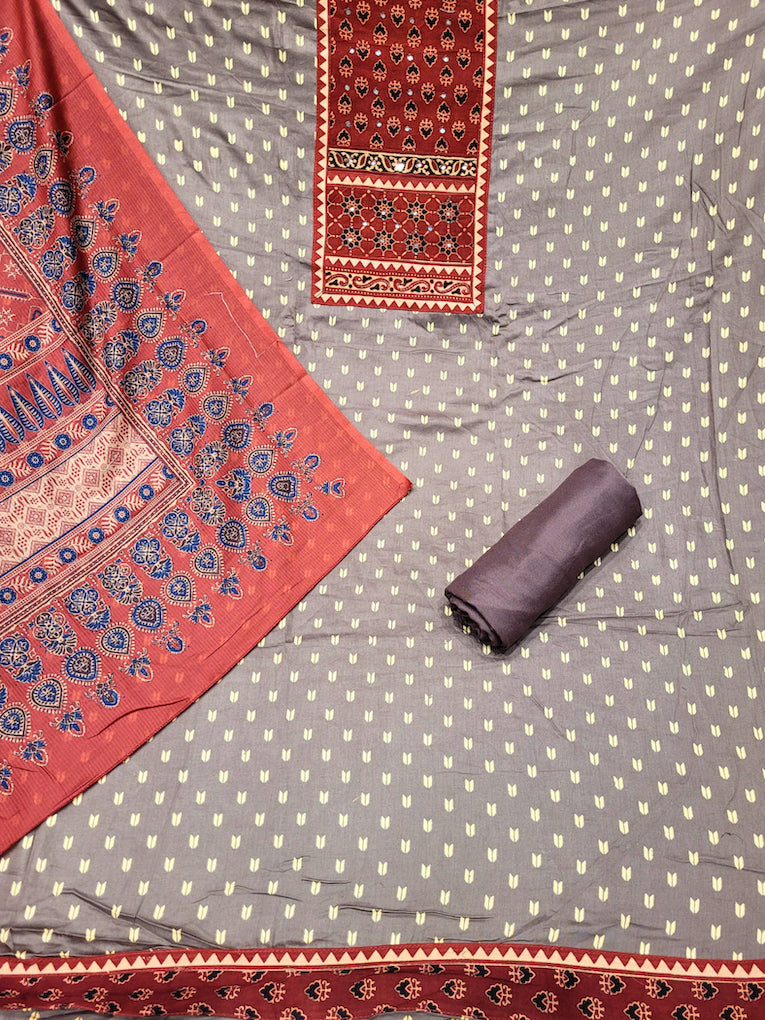 Ethnic Ajrak Block Print Cotton Suit Dupatta with Mirror Embelishments & Contrast colors