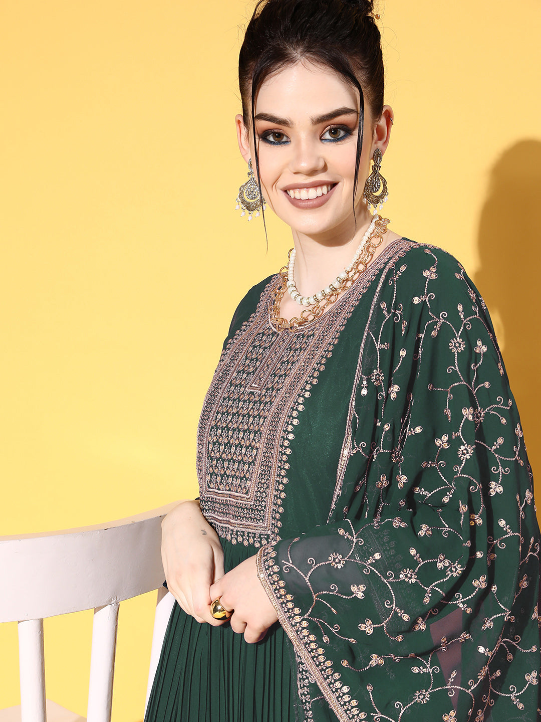 Green Pleated Georgette Anarkali Gown with Aari Embroidery Dupatta