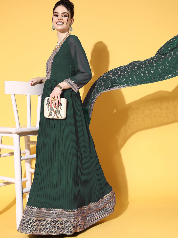 Green Pleated Georgette Anarkali Gown with Aari Embroidery Dupatta