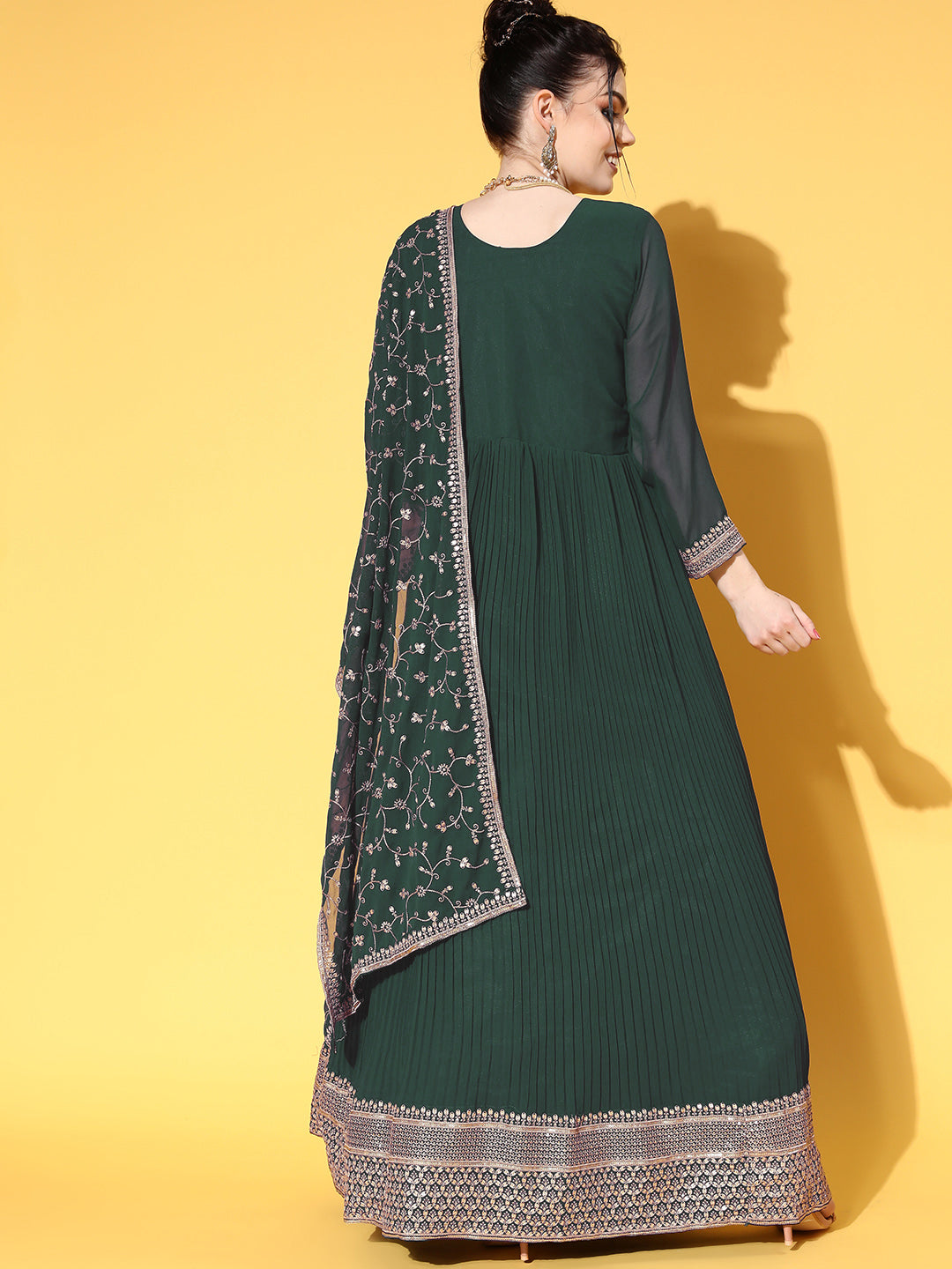 Green Pleated Georgette Anarkali Gown with Aari Embroidery Dupatta