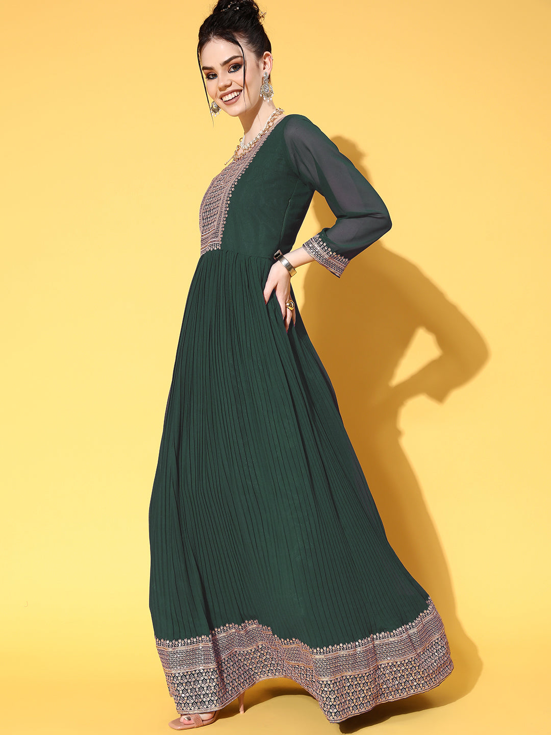 Green Pleated Georgette Anarkali Gown with Gold Aari Embroidery Dupatta
