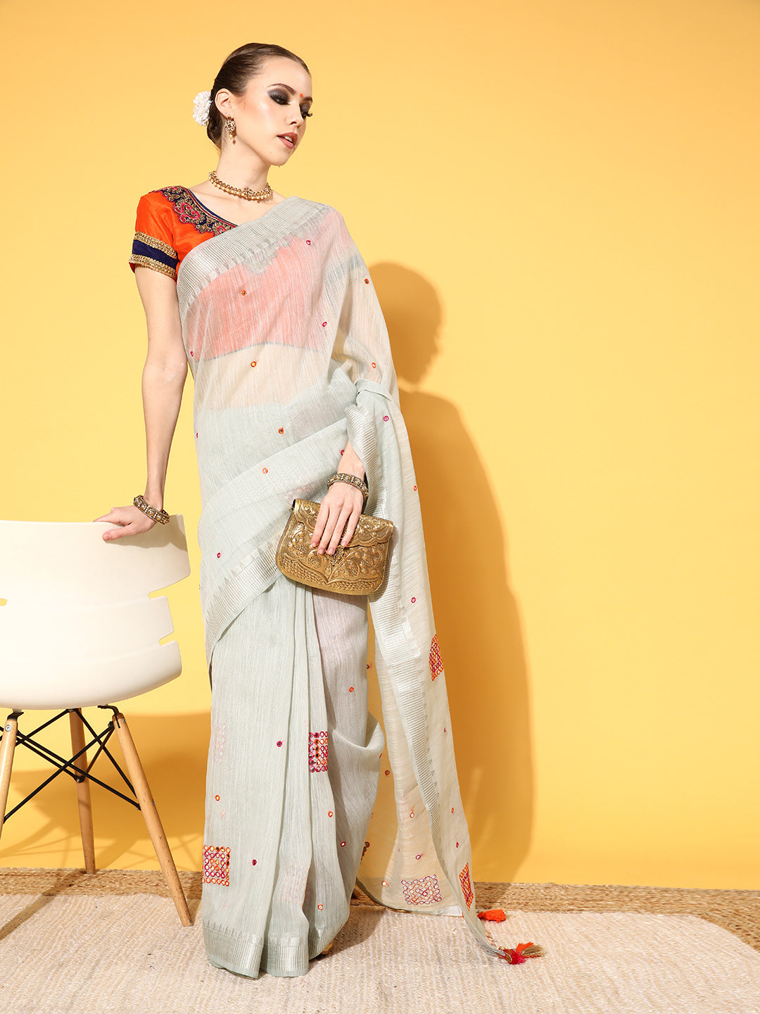 Light Blue Mirror Embellished South Cotton Chanderi Belted Saree