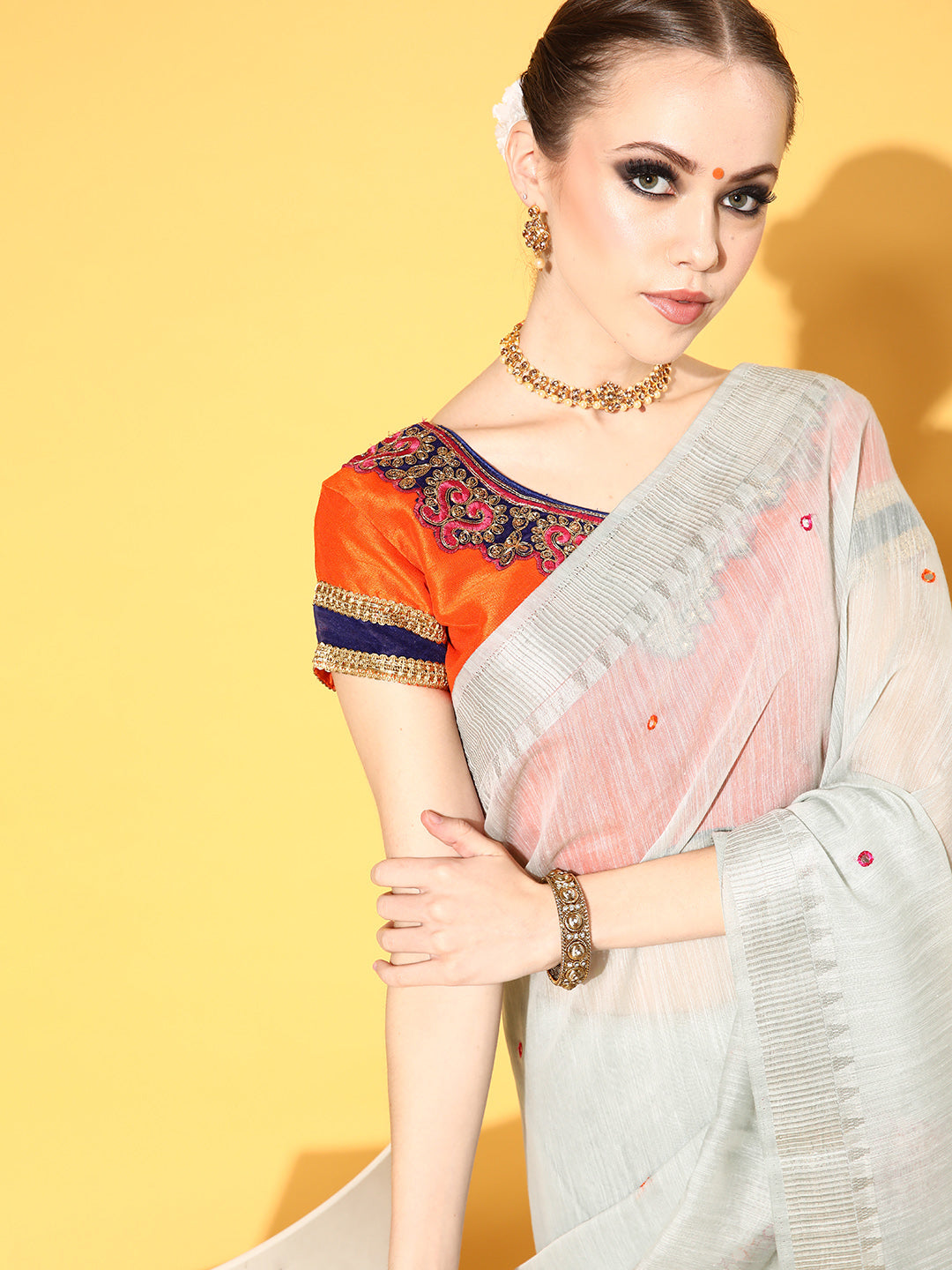 Light Blue Mirror Embellished South Cotton Chanderi Belted Saree