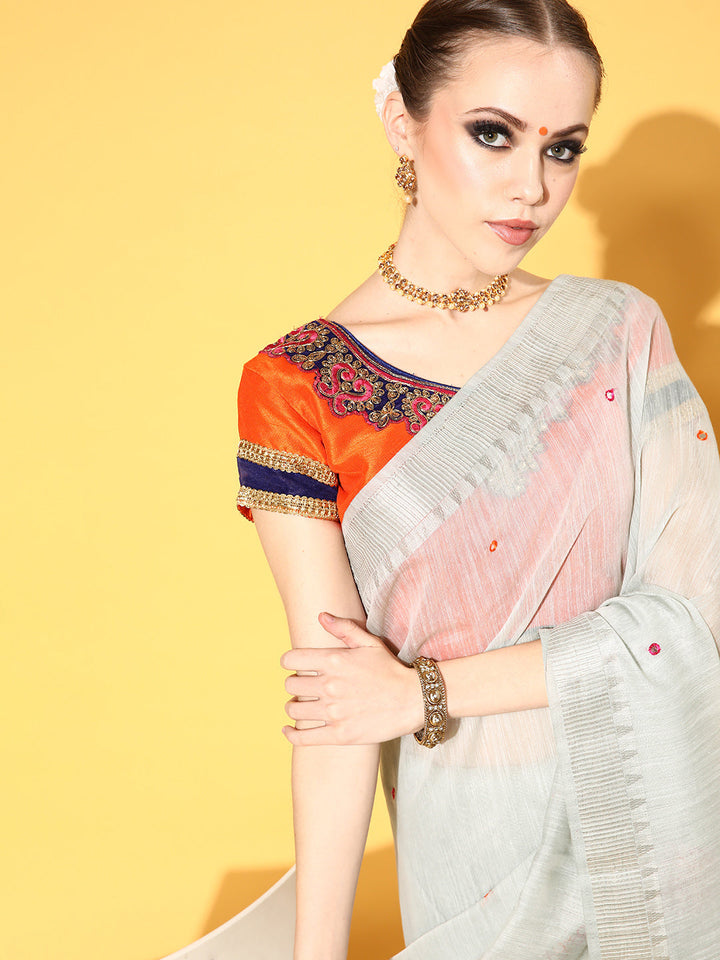 Light Blue Mirror Embellished South Cotton Chanderi Belted Saree