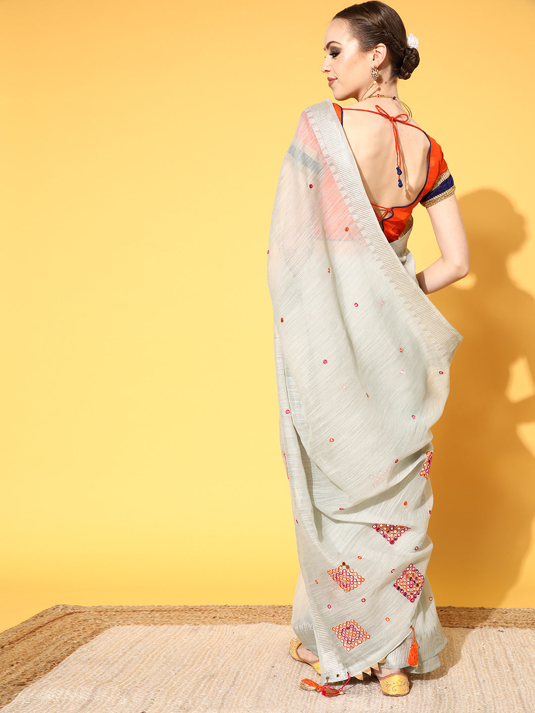 Light Blue Mirror Embellished South Cotton Chanderi Belted Saree