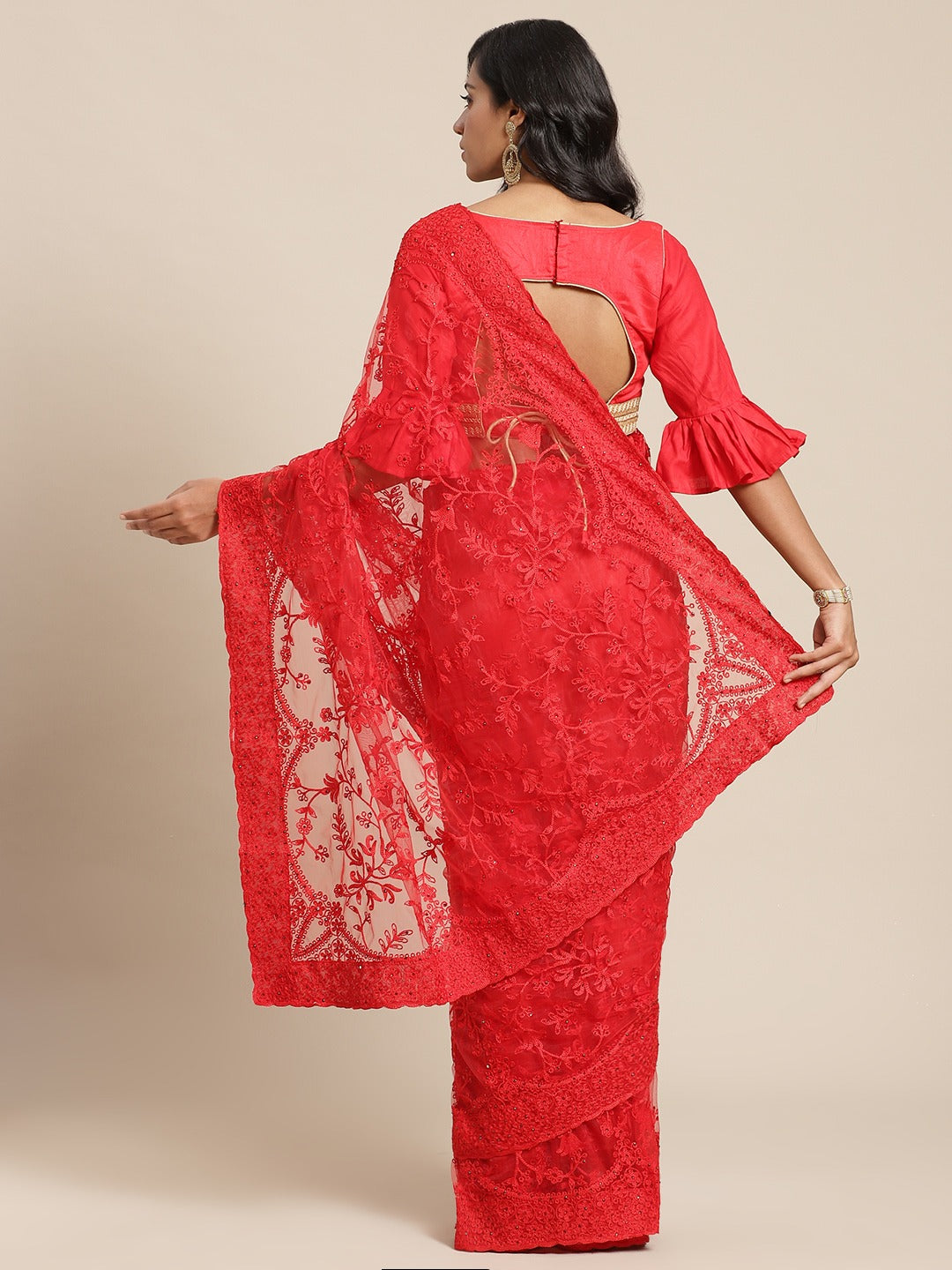Red Net Resham Embroidered Saree with Scalloped border and crystal Embellishments