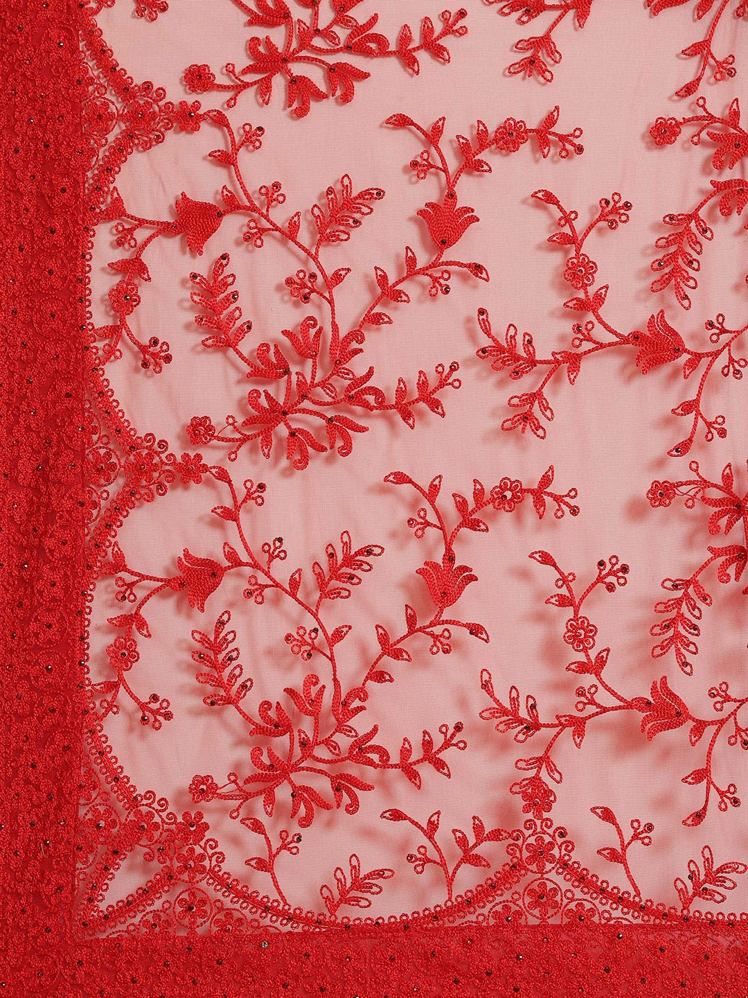 Red Net Resham Embroidered Saree with Scalloped border and crystal Embellishments
