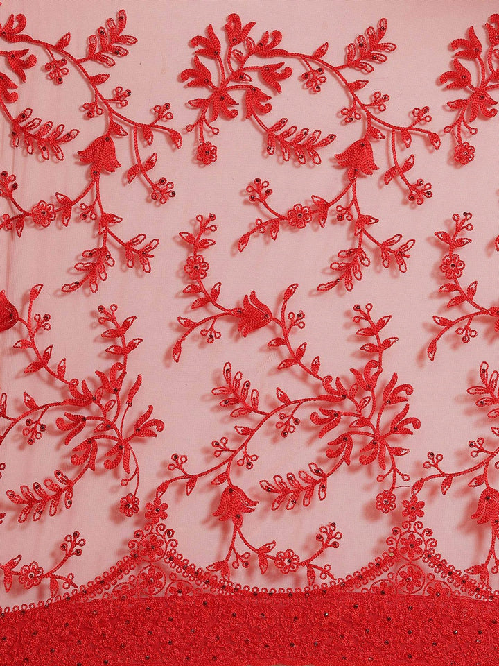 Red Net Resham Embroidered Saree with Scalloped border and crystal Embellishments