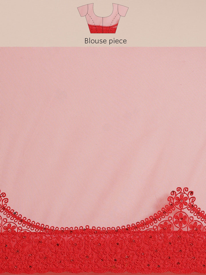 Red Net Resham Embroidered Saree with Scalloped border and crystal Embellishments