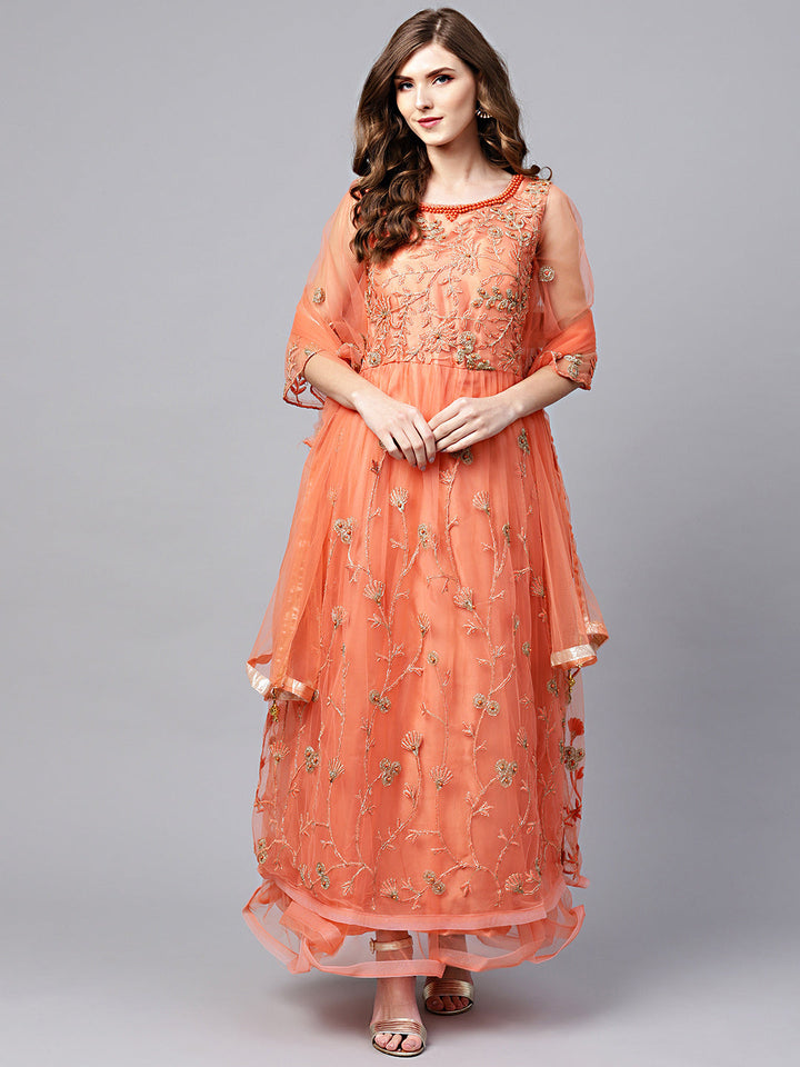 Embroidered Flared Anarkali Suit with Pearl Embellishments