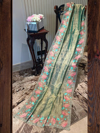 Green Floral Embroidered Tissue Saree