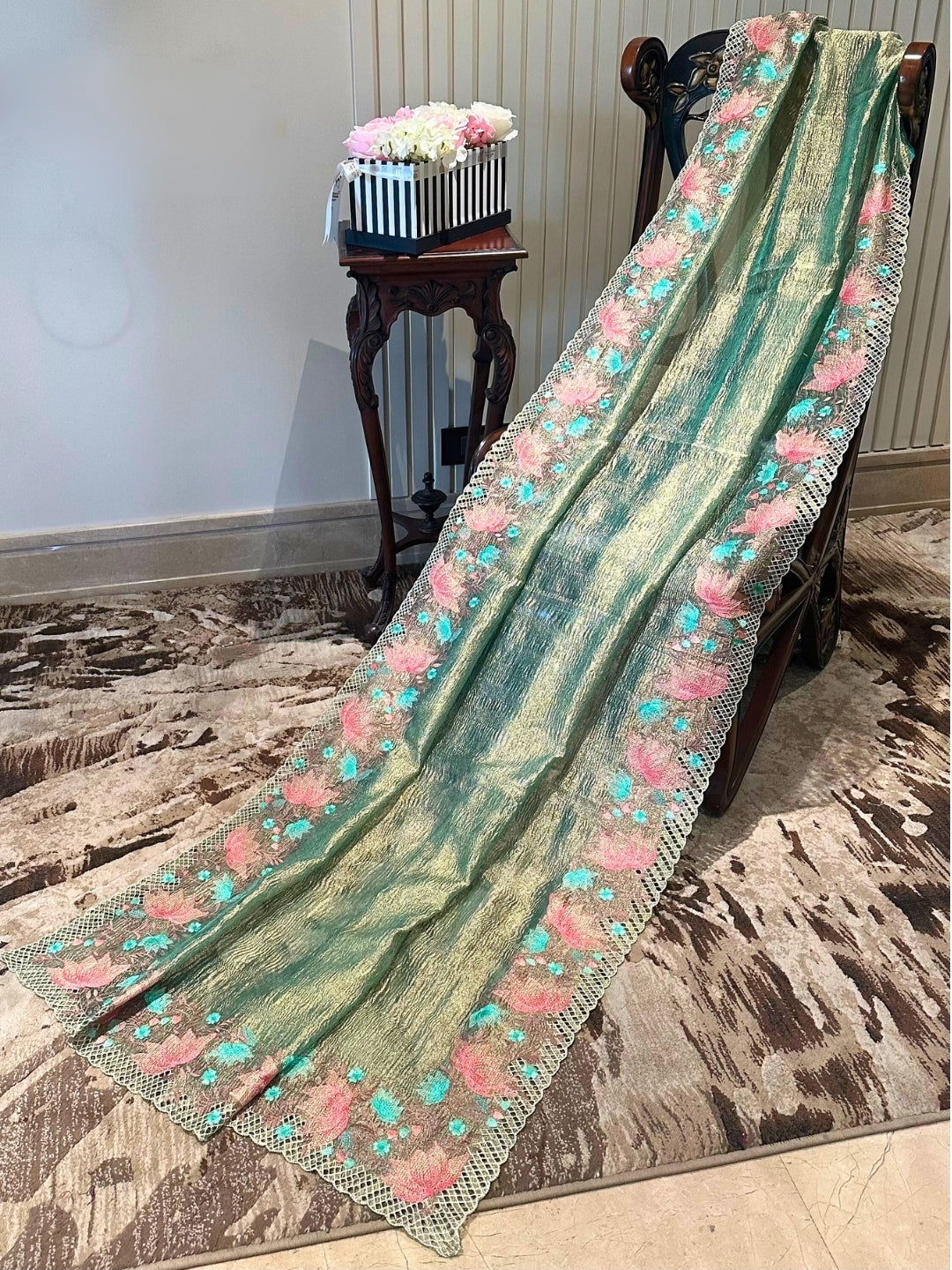 Green Floral Embroidered Tissue Saree