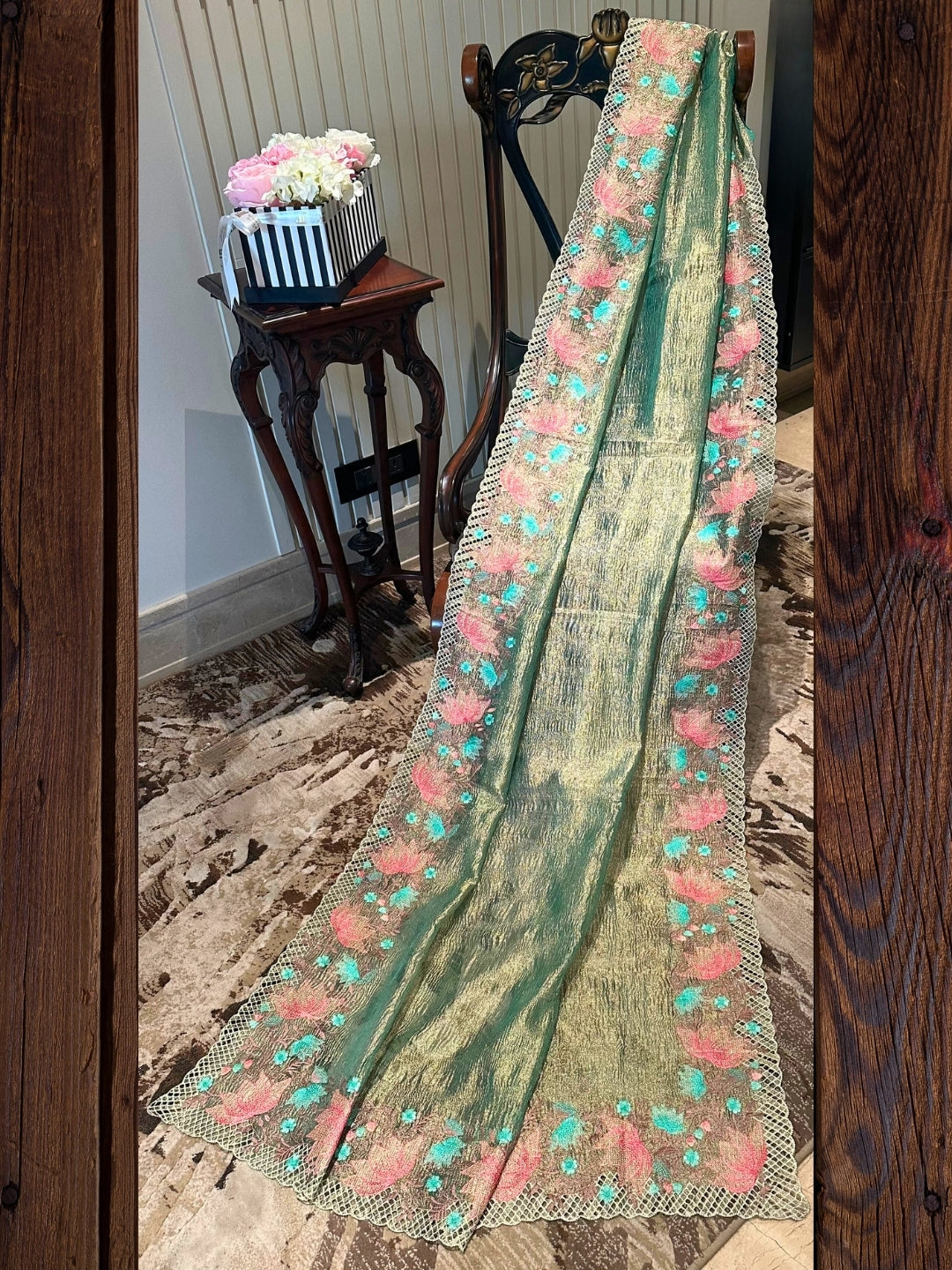 Green Floral Embroidered Tissue Saree