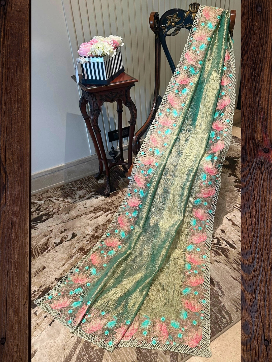 Green Floral Embroidered Tissue Saree
